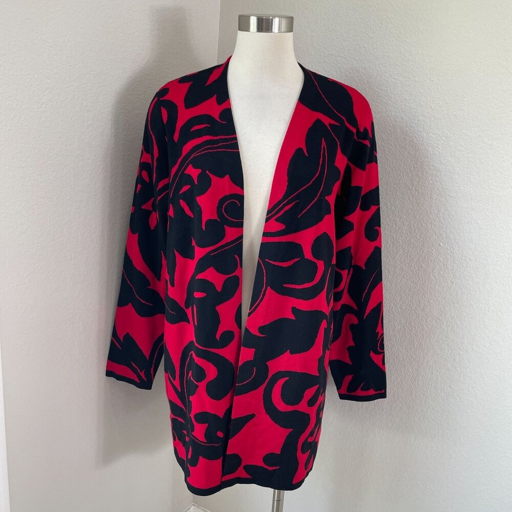 Chicos Womens Large Black Red Open Front Cardigan‎ Jacket Floral